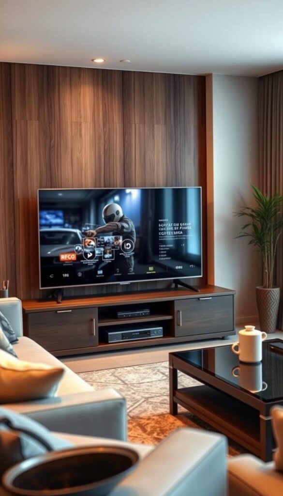 A sophisticated, high-tech entertainment system with seamless IPTVANBIETERTV integration. A sleek, minimalist device nestled amidst a modern, well-appointed living space. Soft, indirect lighting bathes the scene in a warm, inviting glow, drawing the eye to the device's clean lines and intuitive controls. Crisp, high-definition visuals emanate from the screen, immersing the viewer in a world of boundless entertainment options. The device blends seamlessly into its surroundings, a testament to its versatility and the breadth of IPTVANBIETERTV's device support. An atmosphere of comfort, convenience, and technological mastery pervades the scene, inviting the viewer to sit back, relax, and indulge in a truly exceptional entertainment experience.