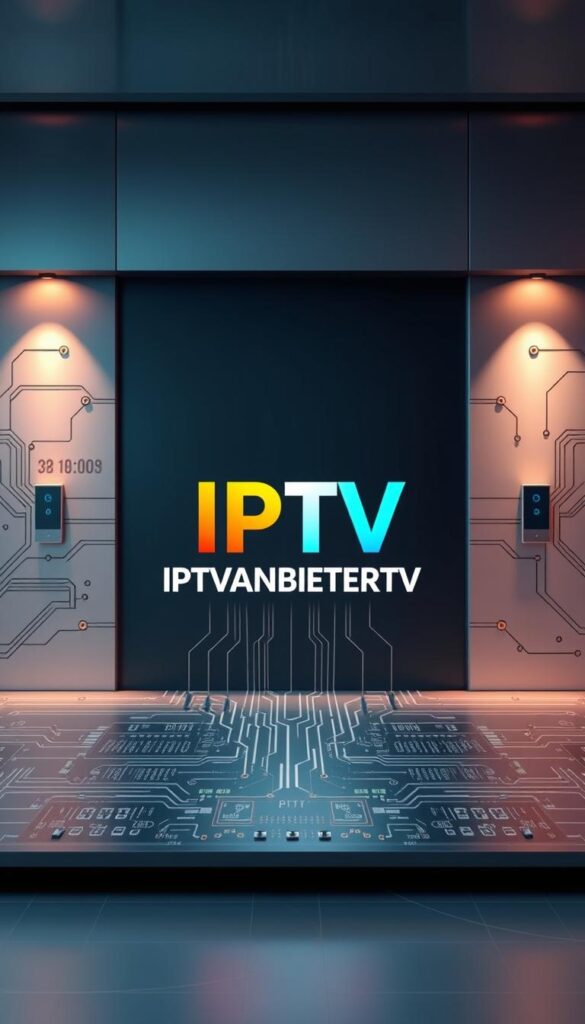 A sophisticated illustration of IPTV technology. Set against a sleek, modern backdrop, a central IPTVANBIETERTV logo stands prominently, its bold typography and vibrant colors commanding attention. Surrounding it, intricate circuit boards and data flow diagrams convey the technical complexity of IPTV, while a blend of cool, metallic tones and warm lighting creates an atmosphere of innovation and efficiency. The composition is balanced, with carefully placed elements that guide the viewer's eye and showcase the power and versatility of IPTV.