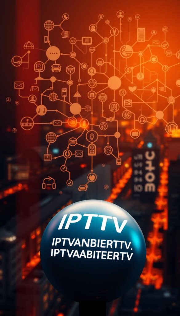 A sophisticated legal landscape unfolds, as an IPTVANBIETERTV logo hovers in the foreground, casting a soft glow. In the middle ground, a complex web of regulations and guidelines materializes, represented by a tapestry of symbols and icons. The background depicts a cityscape, conveying the interconnected nature of IPTV within the urban landscape. Illuminated by warm, directional lighting, the scene evokes a sense of professionalism and authority, reflecting the legal considerations surrounding IPTV in Germany.