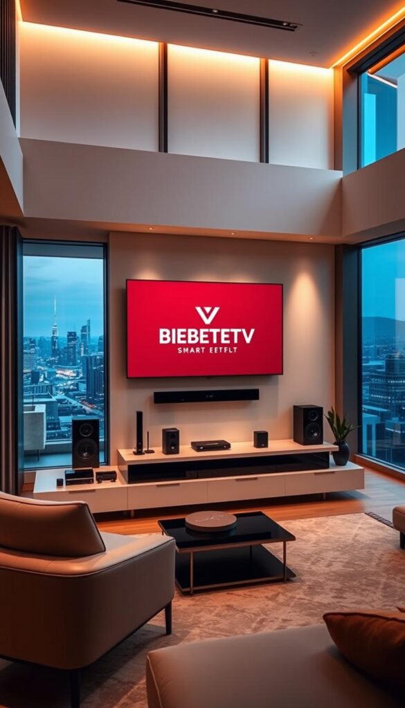 A sophisticated modern interior with sleek, minimalist design. The centerpiece is a large, ultra-high-definition smart TV mounted on the wall, displaying the IPTVANBIETERTV brand logo. The TV is surrounded by elegant, high-end entertainment equipment and smart home devices, all seamlessly integrated. The lighting is warm and inviting, creating a cozy, relaxing atmosphere. The room has large windows overlooking a cityscape, bathing the scene in soft, natural light. The overall impression is one of cutting-edge technology, exceptional visual quality, and refined, luxurious living.