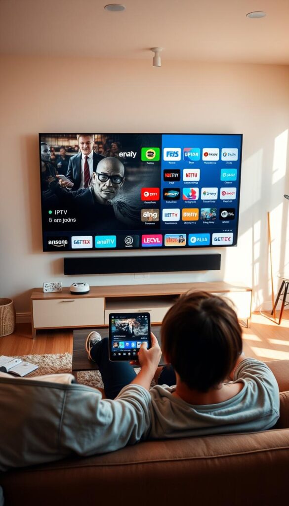 A spacious living room with a large flatscreen TV mounted on the wall, displaying a variety of international channels from the IPTVANBIETERTV service. In the foreground, a person relaxes on a comfortable sofa, tablet in hand, seamlessly switching between channels on different devices. The room is filled with warm, natural lighting, creating a cozy and inviting atmosphere. The middle ground features a coffee table with remote controls, showcasing the multi-device compatibility of the IPTV service. The background offers a glimpse of a modern, minimalist home decor, emphasizing the flexibility and convenience of IPTV in a contemporary setting.