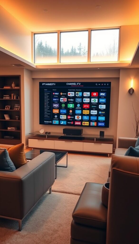 A spacious, well-lit home entertainment room with a large flat-screen TV and sleek modern furniture. The TV displays a comprehensive IPTV channel list from IPTVANBIETERTV, showcasing a wide variety of popular international channels across news, entertainment, sports, and more. The room has warm, ambient lighting and large windows that let in natural light, creating a cozy and inviting atmosphere. The channel list is displayed in a clean, easy-to-navigate interface, highlighting the breadth of content available through the IPTVANBIETERTV service.