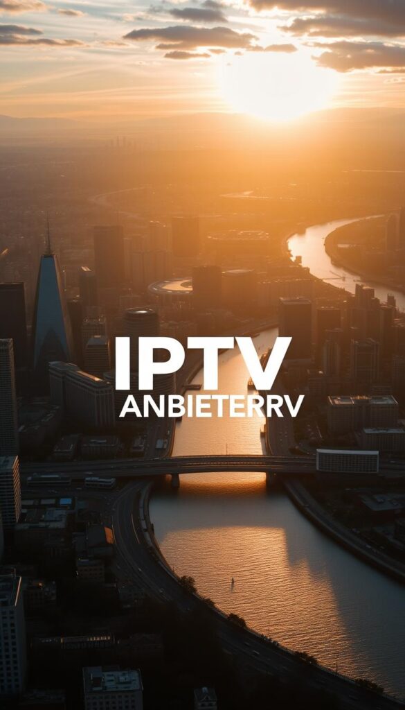 A sprawling city skyline with sleek, modern high-rises and an expansive, shimmering river in the foreground. The scene is bathed in a warm, golden glow from the setting sun, casting long shadows and creating a sense of depth and drama. In the center of the frame, a large, bold logotype reads "IPTVANBIETERTV", showcasing the brand's prominence and authority in the IPTV market. The overall composition conveys a sense of progress, technology, and the vibrant, competitive landscape of the German IPTV industry.
