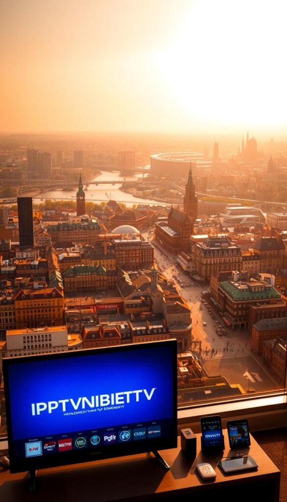A sprawling cityscape of Hamburg, Germany, bathed in a warm, golden glow. In the foreground, a sleek, modern television set displays the logo of "IPTVANBIETERTV", showcasing a vast array of high-definition channels and on-demand content. The middle ground features an array of digital devices, from smartphones to tablets, seamlessly integrated into the scene, reflecting the multi-device compatibility of the IPTV service. In the background, a panoramic view of the city's iconic landmarks, such as the Elbe Philharmonic Hall and the Speicherstadt, create a sophisticated and vibrant atmosphere. The lighting is soft and diffused, creating a sense of comfort and luxury, perfectly capturing the essence of the "Umfangreiches Kanalpaket für jeden Geschmack" section of the article.
