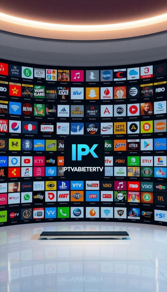A sprawling collection of IPTV channels spanning diverse genres and regions, captured in a sleek, modern interface. Crisp 4K resolution delivers a cinematic viewing experience, complemented by a vast library of on-demand content. The IPTVANBIETERTV brand logo stands proudly, a testament to the platform's reliability and comprehensive offering. Elegant lighting accentuates the clean, minimalist design, creating an atmosphere of sophistication. The frame is filled with a grid-like arrangement of channel icons, each representing a world of entertainment at the user's fingertips. A sense of depth and dimensionality draws the viewer in, inviting exploration of the boundless IPTV Kanalangebot.