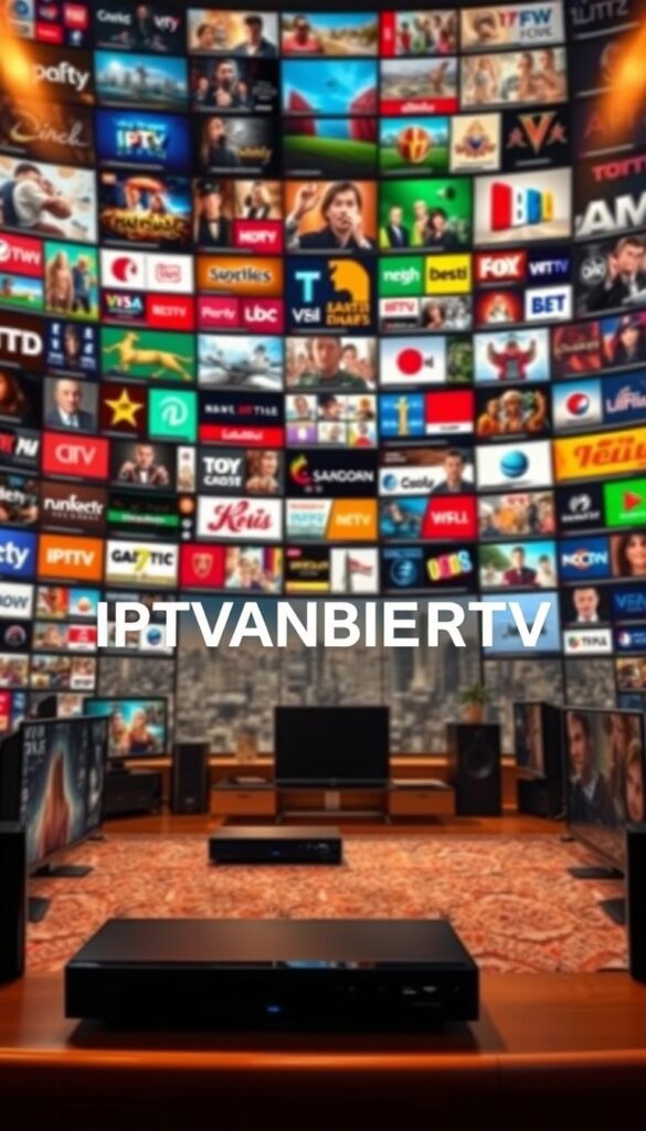 A sprawling display of IPTV packages, each one a vibrant mosaic of diverse channel offerings, unfolds before the viewer. The scene is bathed in warm, cinematic lighting, casting a cozy ambiance. In the foreground, various IPTV devices, sleekly designed, stand ready to deliver this wealth of content. The middle ground showcases the IPTVANBIETERTV brand name, rendered in a modern, eye-catching typography. In the background, a soft, blurred cityscape hints at the global reach and connectivity of these IPTV services. The overall composition conveys a sense of abundance, accessibility, and the promise of endless entertainment options at the viewer's fingertips.