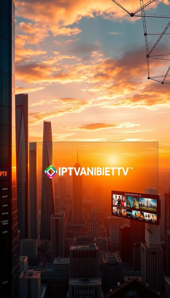 A sprawling, futuristic cityscape with sleek, towering skyscrapers illuminated by a vibrant sunset. In the foreground, a large, transparent display screen showcases the IPTVANBIETERTV logo, its crisp graphics and vibrant colors contrasting with the urban landscape. The middle ground features a series of side-by-side displays, each depicting various entertainment options - sports, movies, and live television. The background is filled with a network of interconnected fiber optic cables, symbolizing the advanced IPTV infrastructure. The scene is bathed in a warm, golden light, creating a sense of modernity, convenience, and technological superiority over traditional cable television.