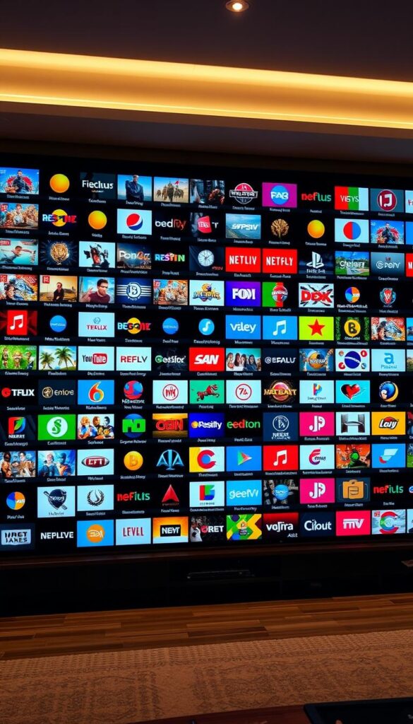 A sprawling grid of diverse television channels, each with its own vibrant icon, showcasing the comprehensive IPTV Deutschland Senderliste. The scene is bathed in a warm, cinematic lighting, with a subtle depth of field that draws the eye to the central arrangement. The layout is meticulously designed, with a clean and modern aesthetic, reflecting the professionalism of IPTVANBIETERTV. The overall composition conveys a sense of the extensive entertainment options available, catering to a wide range of viewer preferences.