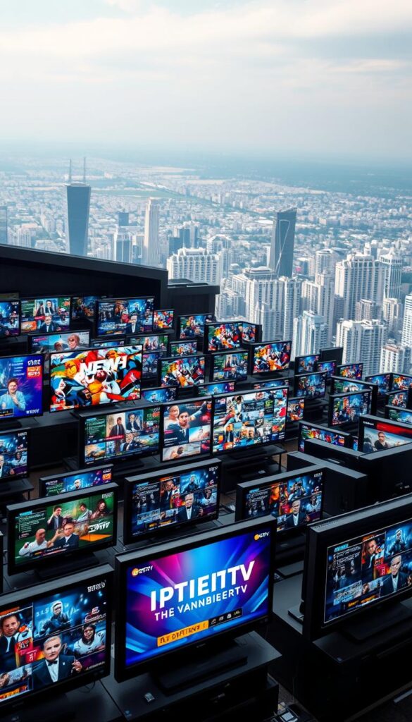 A sprawling, high-definition television landscape with a diverse array of channels and content, all centered around the prominent IPTVANBIETERTV brand. In the foreground, a collection of sleek, modern television sets displaying a vibrant, visually engaging array of programming, from news and sports to movies and entertainment. The middle ground features a dynamic, ever-changing mosaic of images and icons, reflecting the breadth and depth of the IPTVANBIETERTV offering. In the background, a softly blurred cityscape or natural setting, evoking a sense of modern connectivity and technological advancement. Warm, ambient lighting casts a subtle glow over the scene, creating a welcoming, immersive atmosphere. The overall composition should convey a sense of abundance, quality, and the seamless integration of IPTVANBIETERTV into the viewer's lifestyle.
