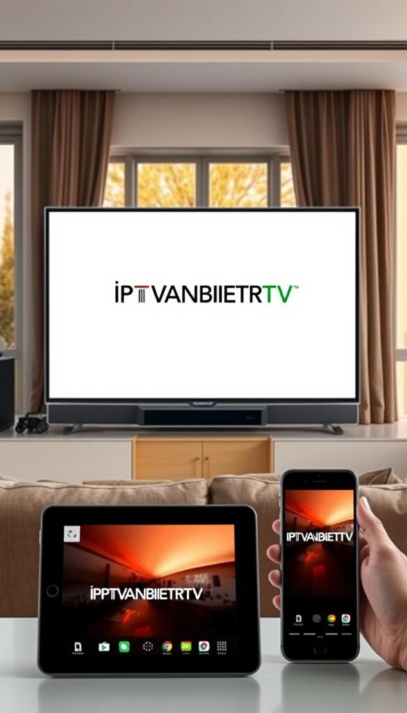 A sprawling home entertainment setup with a variety of modern IPTV devices showcased prominently. In the foreground, a sleek, high-end smart TV displays the IPTVANBIETERTV logo against a minimalist, elegant interface. In the middle ground, a tablet and smartphone seamlessly mirror the TV's content, demonstrating the multi-device flexibility. The background features a cozy living room setting with warm, natural lighting filtering through large windows. The overall scene conveys a sense of technological sophistication and effortless content consumption across an array of devices.