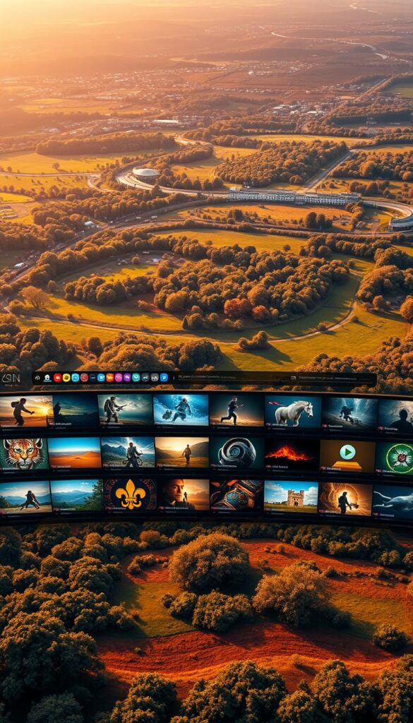 A sprawling, vibrant digital landscape showcasing the vast array of IPTV programming available through IPTVANBIETERTV. Diverse content spans across a lush, panoramic view - from vivid nature documentaries and thrilling action movies to captivating news broadcasts and engaging live sports. Sleek, minimalist UI elements subtly guide the viewer, while warm, diffused lighting and a sense of depth create an immersive, cinematic ambiance. Dynamic, colorful imagery encapsulates the boundless entertainment options, inviting the viewer to explore IPTVANBIETERTV's Programmvielfalt.