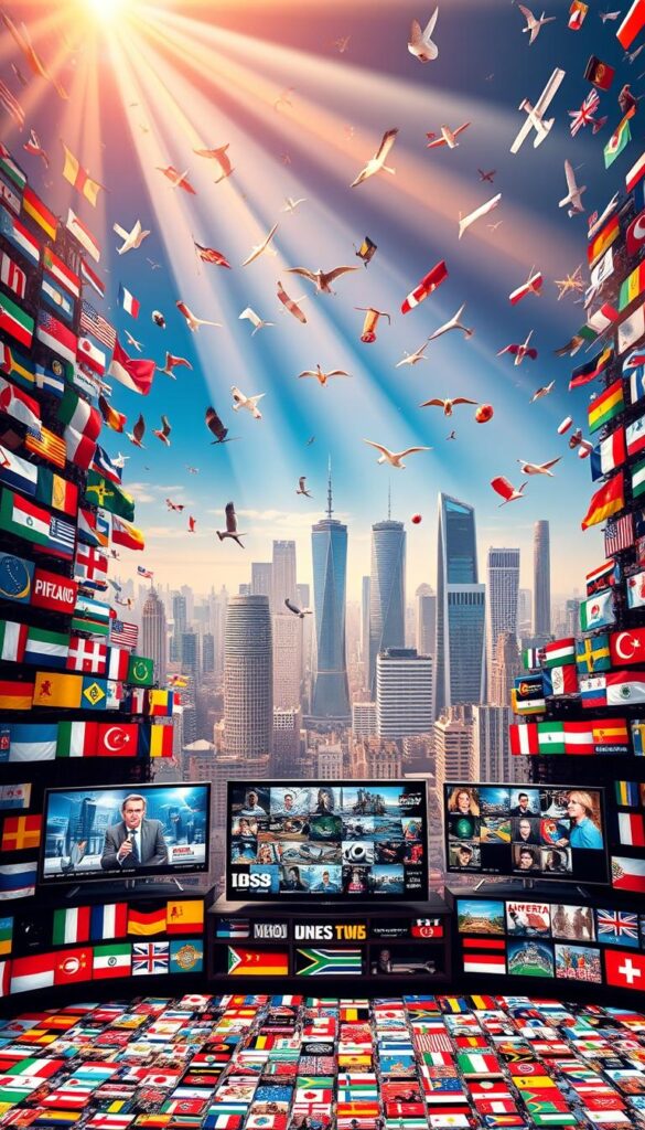 A sprawling visual representation of "Internationale Kanäle" showcasing the diverse global television offerings of IPTVANBIETERTV. In the foreground, a vibrant mosaic of national flags, emblems, and cultural symbols from around the world, creating a kaleidoscopic tapestry. The middle ground features sleek, high-definition television screens displaying various international news, sports, and entertainment programs, reflecting the expansive channel selection. In the background, a striking cityscape of futuristic skyscrapers and metropolitan hubs, evoking the borderless nature of modern media consumption. The scene is bathed in a warm, saturated color palette, conveying a sense of energy and connectivity. Lighting is dramatic, with dynamic rays and beams illuminating the dynamic visual narrative.