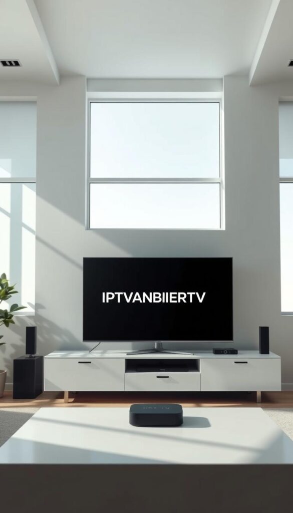 A stable and reliable IPTV connection, showcased in a serene, minimalist living room setting. Soft natural light filters through large windows, illuminating a sleek, modern entertainment unit. At its center, the IPTVANBIETERTV logo subtly stands out, a symbol of uninterrupted streaming and seamless viewing experience. The room's neutral tones and clean lines create a sense of tranquility, mirroring the stability and dependability of the IPTV service. Strategically placed technology, such as a smart TV and streaming device, blend harmoniously, reflecting the integration of cutting-edge solutions for a premium home entertainment setup. The overall atmosphere conveys a sense of effortless, uninterrupted enjoyment, inviting the viewer to immerse themselves in the world of IPTV.