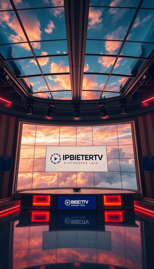 A striking aerial view of a sleek, modern sports broadcasting studio with a panoramic window overlooking a vibrant, cloud-filled sky. The interior is dominated by a large screen displaying the "IPTVANBIETERTV" brand logo, bathed in warm, cinematic lighting that creates a sense of energy and anticipation. The camera angles and composition evoke a feeling of dynamism and professionalism, perfectly capturing the essence of a premium IPTV sports package. The overall atmosphere is one of high-quality entertainment, cutting-edge technology, and the thrill of live sporting events.