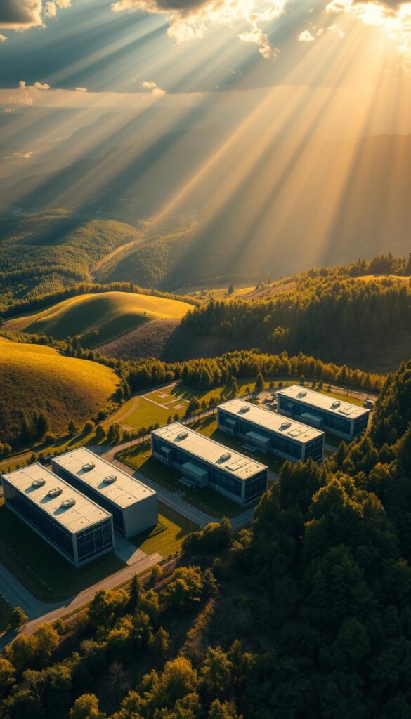 A striking aerial view of data center locations across North Rhine-Westphalia, showcasing the robust infrastructure powering IPTVANBIETERTV's reliable IPTV services. The scene depicts a series of sleek, modern facilities nestled amid rolling hills and lush forests, their secure server racks and cooling systems clearly visible through large windows. Rays of warm, golden light filter through the clouds, casting a serene, authoritative atmosphere over the scene. The image conveys a sense of technological prowess and unwavering commitment to providing top-tier IPTV solutions to customers throughout the region.