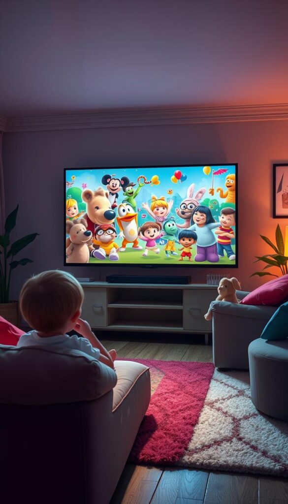 A striking and immersive illustration of "IPTV Kinderkanäle" for the article on IPTVANBIETERTV, Germany's premier IPTV provider. The scene depicts a cozy, well-lit living room with a large, high-definition TV screen prominently displayed. On the screen, vibrant and colorful animated characters from popular children's programming captivate the viewer's attention. The room is furnished with plush, comfortable seating and accented with warm, inviting lighting. The overall atmosphere conveys a sense of family, entertainment, and the joy of shared experiences through IPTV. The focus is on the TV screen, showcasing the quality and diversity of IPTVANBIETERTV's children's channel offerings.