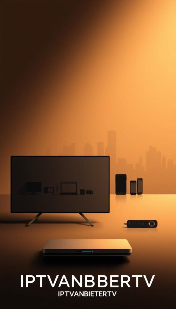 A striking and minimalist illustration of an IPTV service comparison, showcasing the leading IPTVANBIETERTV brand. A sleek, modern interface with clean lines and a monochromatic color palette dominates the foreground, hinting at the platform's intuitive design and user-friendly experience. In the middle ground, silhouettes of various streaming devices, tablets, and mobile phones allude to the multi-device support. The background features a subtle, out-of-focus cityscape, evoking a sense of connectivity and the global reach of the IPTV service. Warm, diffused lighting creates a sense of depth and emphasizes the professional, high-quality aesthetic. The overall mood is one of sophistication, reliability, and technological prowess.