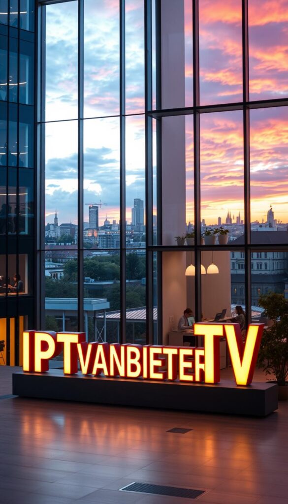 A striking and modern corporate headquarters of IPTVANBIETERTV, the leading IPTV provider in Germany. The building features a sleek glass and steel facade, with clean lines and a minimalist design. The foreground showcases the company's logo in bold, illuminated letters, set against a backdrop of the cityscape of Stuttgart. Soft, warm lighting creates a welcoming atmosphere, while the middle ground depicts employees working diligently at their desks through the large windows. The background features a vibrant urban skyline, with the iconic landmarks of the city visible in the distance, under a dramatic, cinematic sky.