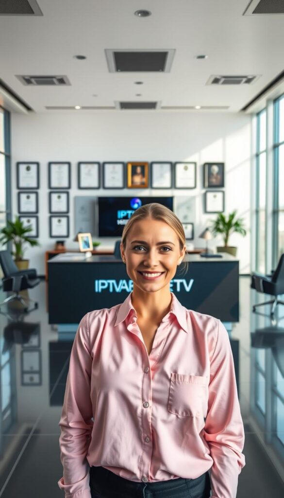 A striking and modern office interior, featuring a prominent desk with a large IPTVANBIETERTV logo displayed on the front. The desk is surrounded by sleek, minimalist furniture and floor-to-ceiling windows that let in an abundance of natural light. The walls are adorned with framed certificates and awards, showcasing the company's expertise and success in the IPTV industry. A professional, well-lit headshot of a friendly and approachable customer service representative is positioned in the foreground, creating a sense of inviting and personalized support. The overall atmosphere is one of expertise, reliability, and a commitment to providing top-notch IPTV services to customers.