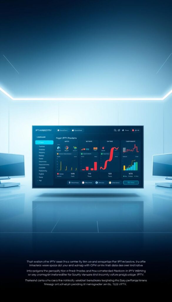 A striking digital illustration depicting an IPTV service comparison interface. In the foreground, a sleek and modern dashboard showcases various IPTV providers, including the brand "IPTVANBIETERTV", with clear icons and information. The middle ground features a series of comparative charts and graphs, highlighting the key features, pricing, and performance metrics of each service. The background is a minimalist, high-tech environment with clean lines, subtle gradients, and a sense of technological sophistication. The overall scene conveys a sense of authority, professionalism, and informed decision-making, reflecting the quality and stability of the streaming service as described in the article section.