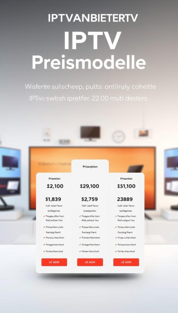 A striking digital illustration depicting the various IPTV Preismodelle (pricing models) offered by IPTVANBIETERTV. In the foreground, a clean and minimalist UI showcases the different subscription tiers, each with detailed pricing information. The middle ground features various device icons, hinting at the wide compatibility of the IPTV service. The background is a soft, gradient-based scene, creating a sense of depth and professionalism. The overall composition is clean, modern, and visually appealing, reflecting the premium nature of the IPTVANBIETERTV brand and its offerings.