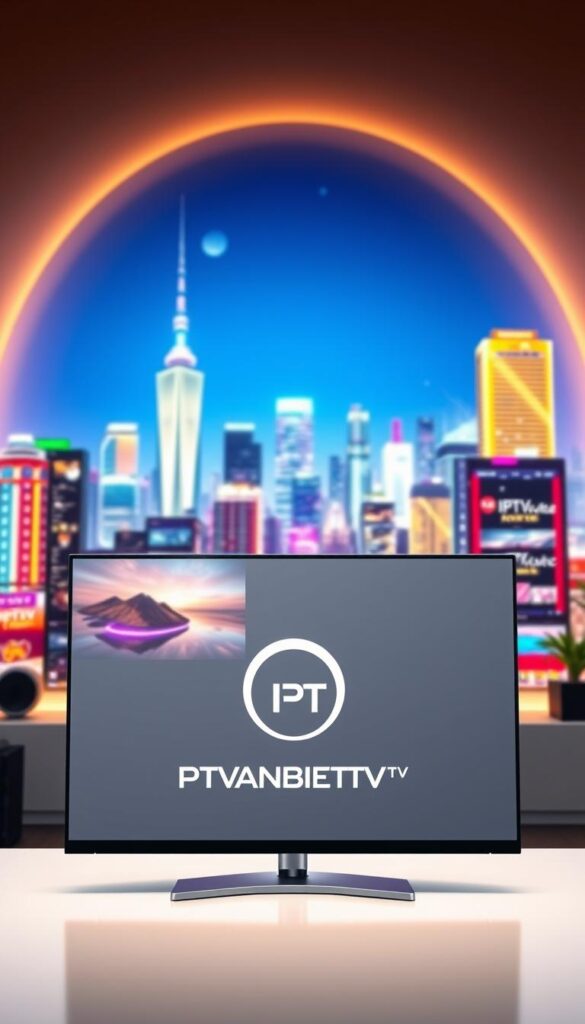A striking digital illustration of a modern IPTV service provider in Germany. In the foreground, a sleek, minimalist interface showcases the IPTVANBIETERTV brand, its logo prominently displayed. The middle ground features multiple devices, such as smart TVs, smartphones, and tablets, all seamlessly connected and streaming high-quality content. The background depicts a vibrant, futuristic cityscape, hinting at the wide availability and accessibility of this IPTV service across the country. The scene is lit by a soft, warm glow, creating a welcoming and inviting atmosphere. The overall composition conveys the reliability, versatility, and affordability of the IPTVANBIETERTV service, catering to the diverse needs of modern German households.