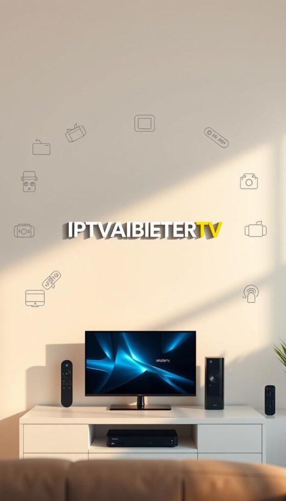 A striking high-resolution image of the IPTVANBIETERTV brand logo and product offering, showcased in a clean, minimalist style against a soft, muted background. The logo is prominently displayed in the center, rendered in a modern, sans-serif typeface with a sleek, monochromatic design. Surrounding the logo are product icons and illustrations, such as streaming devices, remote controls, and television screens, all presented in a cohesive, visually appealing layout. The overall aesthetic conveys a sense of professionalism, reliability, and user-friendliness, reflecting the strong customer reviews and reputation of the IPTVANBIETERTV service. The lighting is soft and diffused, creating a warm, inviting atmosphere, while the camera angle provides a balanced, symmetrical composition that draws the viewer's attention to the central elements.