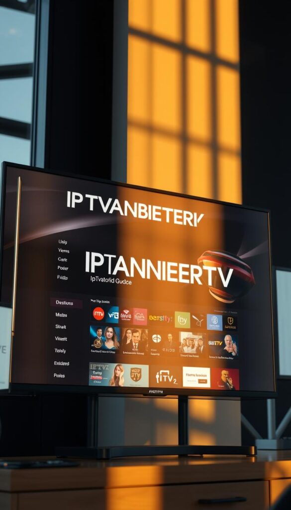A striking, hyper-realistic image of a modern IPTV service provider website showcased on a large, high-resolution display. The homepage features the bold brand name "IPTVANBIETERTV" prominently displayed, with a sleek and intuitive user interface showcasing a comprehensive electronic program guide (EPG). The screen is bathed in warm, natural lighting, creating a sense of clarity and professionalism. The image captures the seamless integration of technology and user experience, conveying the reliability and versatility of the IPTV service for the discerning viewer. The overall composition emphasizes the platform's ability to support multiple devices, catering to the needs of a diverse audience.