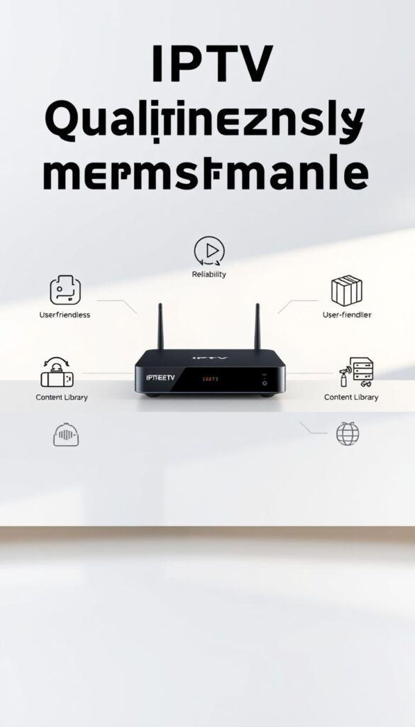 A striking illustration of IPTV Qualitätsmerkmale, captured with a high-resolution camera and natural lighting. The foreground showcases the IPTVANBIETERTV brand logo, prominently displayed against a clean, minimalist background. The middle ground features a sleek, modern device representing the IPTV technology, surrounded by various icons and symbols that convey the key quality attributes such as reliability, user-friendliness, and extensive content library. The background subtly suggests a serene, high-tech environment, with soft gradients and subtle textures creating a sense of sophistication and professionalism. The overall composition balances simplicity and attention to detail, effectively communicating the strengths and desirable qualities of a top-tier IPTV service provider.