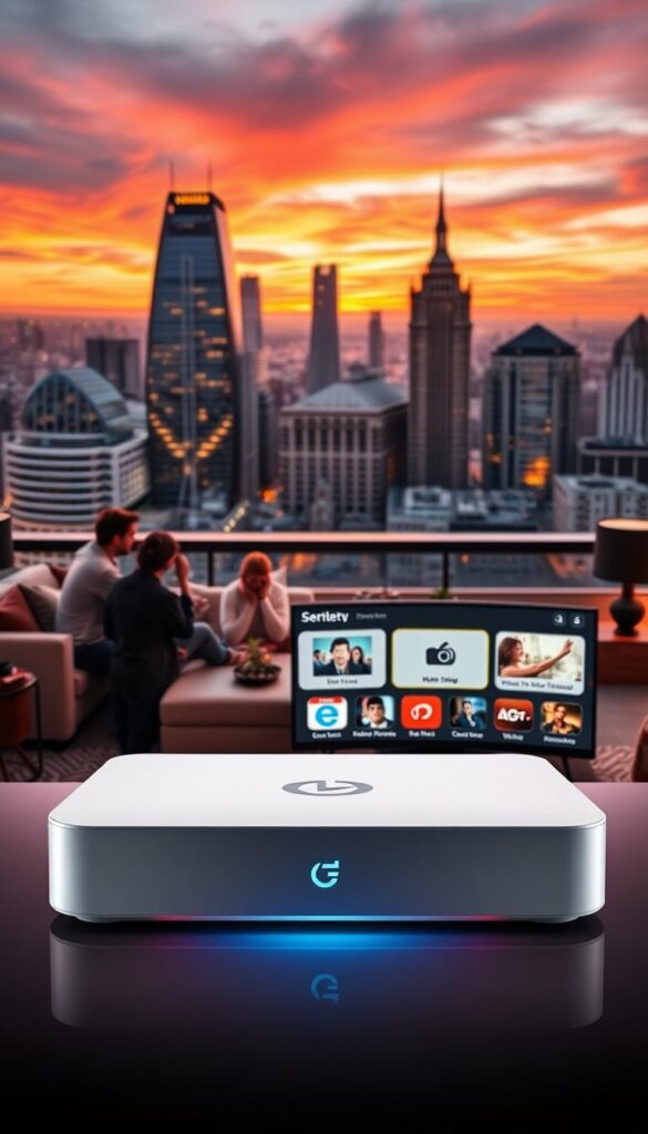 A striking, modern image of the leading IPTVANBIETERTV brand in Germany. In the foreground, a sleek, high-tech set-top box with clean lines and a bold logo. Surrounded by a minimalist, futuristic interface displaying various TV channels and on-demand content. In the middle ground, a group of people from diverse backgrounds gathered around a cozy living room, enjoying the seamless IPTV experience. The background features a cityscape of contemporary German architecture, with a vibrant, colorful sky bathed in warm, diffused lighting, creating an inviting, sophisticated atmosphere.