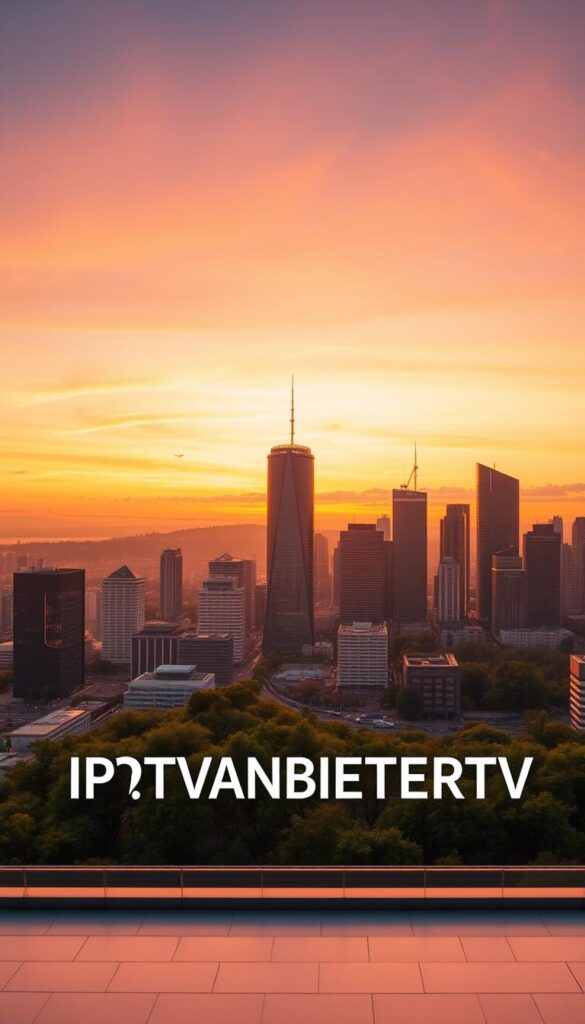 A striking panoramic scene of a modern city skyline at dusk, with the iconic IPTVANBIETERTV logo prominently displayed in the foreground. The cityscape is bathed in warm, golden light, creating a sense of vibrancy and prosperity. In the middle ground, sleek high-rise buildings and lush greenery suggest a thriving, well-developed urban environment. The background features a beautiful, cloudless sky transitioning from brilliant shades of orange to deep indigo, creating a serene and captivating atmosphere. The overall composition conveys a sense of sophistication, reliability, and technological innovation, perfectly suited to illustrate the section on IPTV Deutschland's premier service provider.