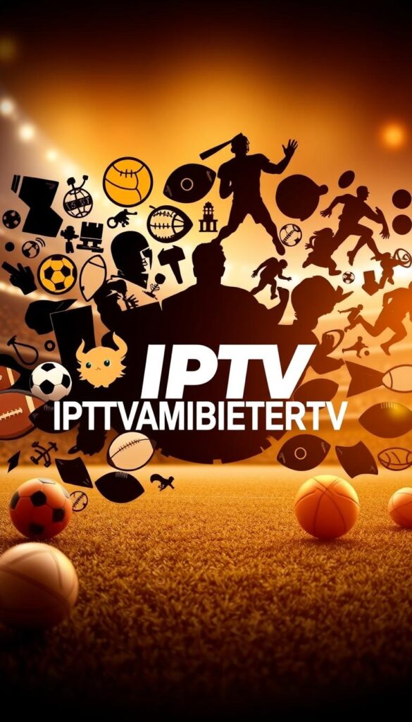 A striking visual composition showcasing an array of IPTV packages focused on sports content. In the foreground, a dynamic collection of sports icons and symbols, including footballs, basketballs, and athletic silhouettes, arranged in a visually striking layout. In the middle ground, the prominent logotype "IPTVANBIETERTV" takes center stage, rendered in a bold, modern typeface that commands attention. The background features a subtle, softly blurred sports arena or stadium, suggesting the breadth and depth of the IPTV provider's sports channel offerings. The overall scene is bathed in a warm, golden light, conveying a sense of energy, excitement, and the thrill of live sports entertainment.