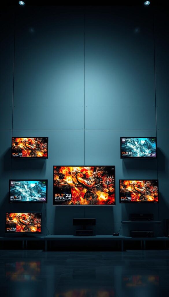 A striking visual representation of IPTV Deutschland's HD channel offerings. Set against a sleek, modern backdrop, showcase a collection of high-definition television screens displaying a vibrant array of content. Utilize clean, minimalist design elements to convey a sense of technological sophistication. Include subtle hints of the IPTVANBIETERTV brand identity through strategic placement of relevant visual cues. Employ cinematic lighting and camera angles to create a captivating, immersive atmosphere that captures the essence of IPTV's seamless entertainment experience.