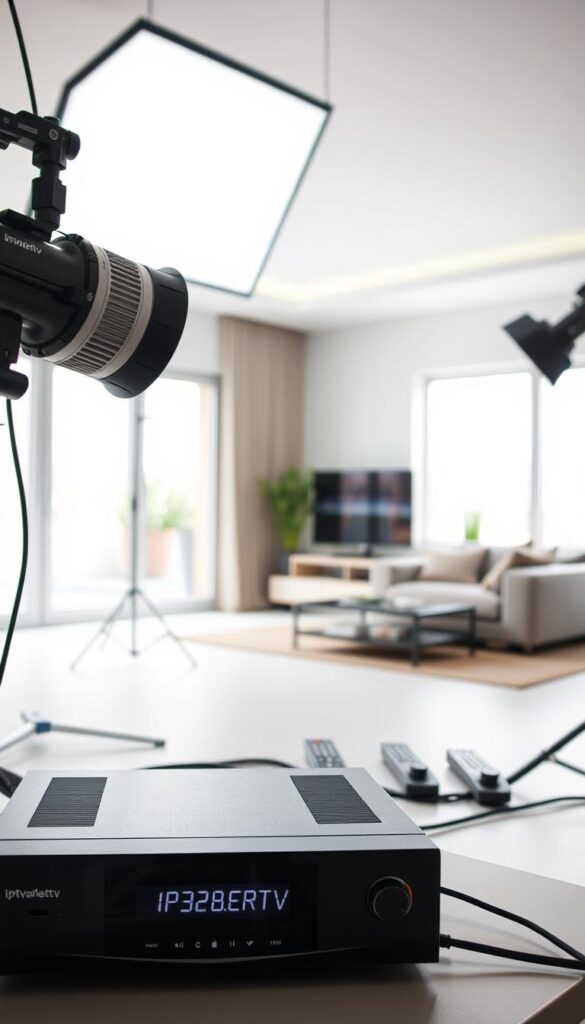 A studio lighting setup illuminates a modern media center displaying the IPTVANBIETERTV brand name. In the foreground, a sleek DVR device with a clear digital display showcases its recording capabilities. The middle ground features various remote controls and cables, conveying the technical setup. The background showcases a minimalist living room interior, with large windows allowing natural light to filter in, creating a bright and welcoming atmosphere. The overall scene emphasizes the seamless integration of IPTV technology into a comfortable, home entertainment environment.