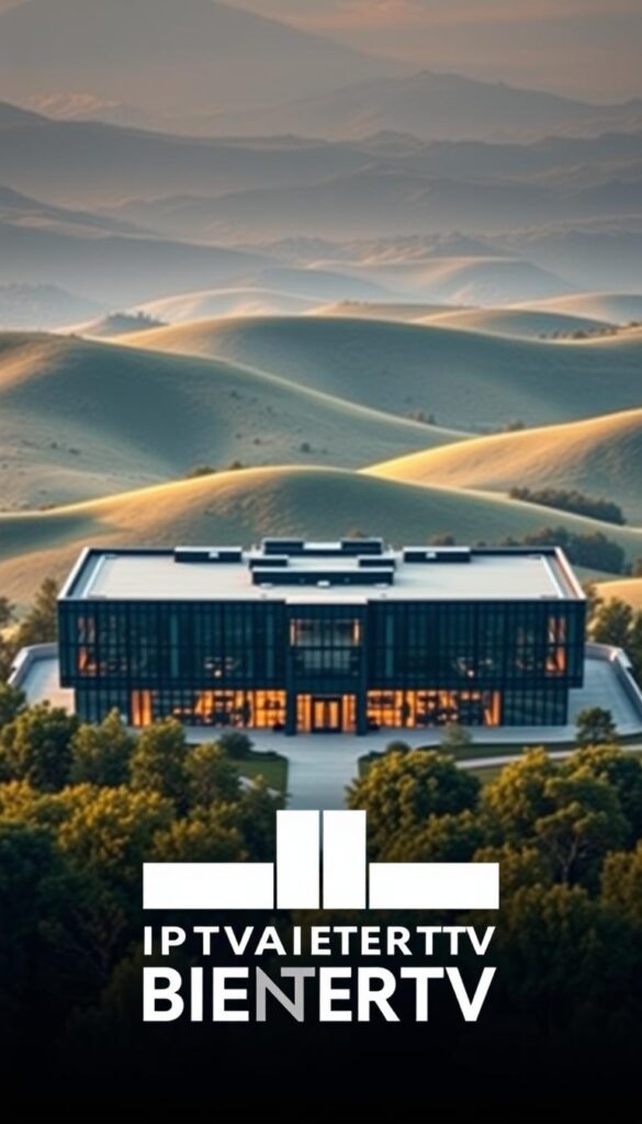 A stunning aerial view of a modern, sleek technology hub against a backdrop of lush, rolling hills. In the foreground, the prominent IPTVANBIETERTV logo commands attention, its bold, minimalist design conveying a sense of professionalism and reliability. The building's façade is a blend of glass and steel, reflecting the natural surroundings and creating a sense of transparency and innovation. Warm, diffused lighting illuminates the scene, casting a soft, inviting glow. The composition is balanced, with the building's clean lines and geometric shapes complementing the natural landscape. The overall mood is one of sophistication, efficiency, and a forward-thinking approach to digital entertainment.