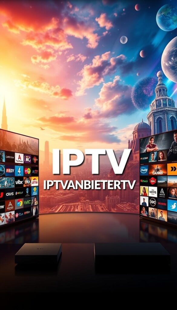 A stunning and immersive IPTV channel offering, presented in a sleek and modern design. The foreground showcases a variety of high-definition channel icons, each representing the diverse genres and content available, from news and sports to movies and entertainment. The middle ground features the prominent IPTVANBIETERTV brand name, conveying the reliability and quality of the service. In the background, a vibrant and dynamic visual tapestry of cinematic landscapes, cityscapes, and abstract patterns creates a sense of depth and grandeur, reflecting the extensive and comprehensive nature of the channel selection. The overall composition is illuminated by warm, cinematic lighting, creating a visually captivating and inviting atmosphere.