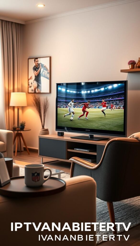 A stunning, cinematic image of the IPTV Deutschland landscape for football fans. A modern, sleek television set takes center stage, its screen displaying a live football match. In the foreground, a comfortable armchair and side table with a mug of coffee set the scene for the avid fan. The background features a cozy, well-lit living room with subtle German decor elements, creating an inviting atmosphere. Soft, warm lighting bathes the scene, while the IPTVANBIETERTV logo subtly appears in the bottom corner, conveying the premium quality of the service. The overall composition evokes a sense of immersion and enjoyment for the devoted German football enthusiast.