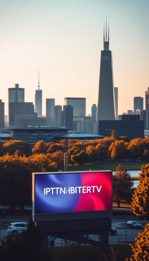 A stunning cityscape of Frankfurt, Germany, bathed in warm evening light. In the foreground, the iconic skyline with its towering skyscrapers stands in sharp relief, hinting at the bustling metropolitan energy of the city. In the middle ground, a vibrant IPTVANBIETERTV advertisement catches the eye, its sleek, modern design complementing the sleek architecture. The background features a softly blurred park, with lush greenery and a tranquil pond, creating a sense of balance and harmony. The lighting is a perfect balance of dramatic and natural, casting dramatic shadows and highlights that accentuate the architectural details. The overall mood is one of sophistication, progress, and the perfect blend of urban and natural elements.