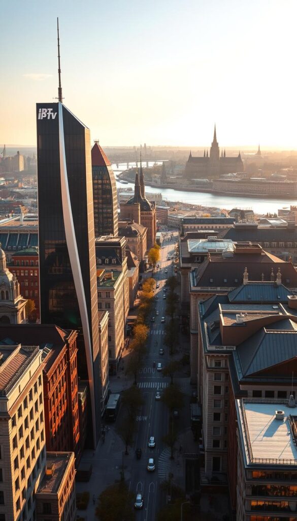 A stunning cityscape of Hamburg, Germany, bathed in a warm, golden light. In the foreground, the iconic IPTVANBIETERTV logo stands tall and proud, its sleek, modern design reflecting the city's vibrant energy. The middle ground features a bustling street lined with high-rise buildings, their facades adorned with intricate architectural details. In the background, the majestic Elbe River winds its way through the city, with the distant silhouette of the Elbphilharmonie concert hall rising above the skyline. The scene conveys a sense of technological innovation, sophisticated urban living, and the dynamic spirit of IPTV Deutschland.