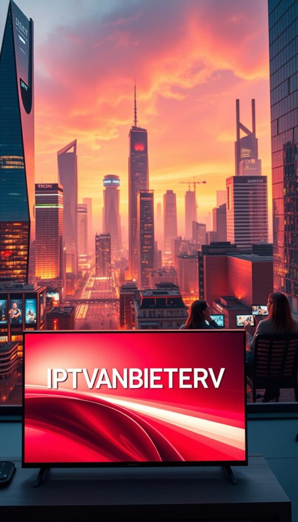 A stunning, futuristic cityscape of Deutschland, with sleek skyscrapers and neon-lit streets. In the foreground, a modern smart TV displays the IPTVANBIETERTV logo, showcasing crystal-clear, low-latency streaming. The mid-ground features a group of friends enjoying the seamless, high-quality IPTV experience on various devices, their faces illuminated by the glow of the screens. The background is bathed in a warm, vibrant color palette, creating a sense of energy and technological advancement. The scene is captured with a wide-angle lens, emphasizing the scale and grandeur of the IPTV infrastructure powering the ultimate streaming experience in Deutschland.