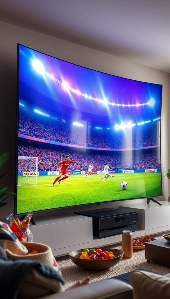 A stunning high-definition sports broadcast with crisp, vibrant visuals and immersive surround sound. The large, curved 4K display delivers a cinema-like experience, showcasing the live soccer match in all its glory. Sleek, modern IPTVANBIETERTV hardware sits atop a minimalist entertainment unit, seamlessly blending technology and design. Bright, natural lighting floods the room, creating a warm, inviting atmosphere perfect for an evening of football viewing. The camera captures the scene from a slightly elevated angle, highlighting the sense of scale and immersion. An array of game day snacks and refreshments complete the perfect setup for the ultimate IPTV-fueled football fan experience.