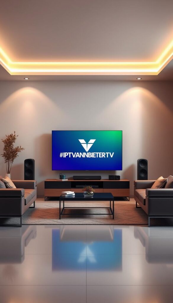 A stunning, high-quality 3D render of a minimalist and modern living room setup, showcasing a sleek, high-end smart TV displaying the IPTVANBIETERTV brand logo. The room is bathed in warm, diffused lighting, creating a cozy and inviting atmosphere. The TV is positioned prominently, surrounded by comfortable leather seating and contemporary decor, suggesting a luxurious and sophisticated home entertainment experience. The scene conveys a sense of premium quality and the ability to access a wide range of live sports channels through the IPTV service, catering to the discerning sports enthusiast.
