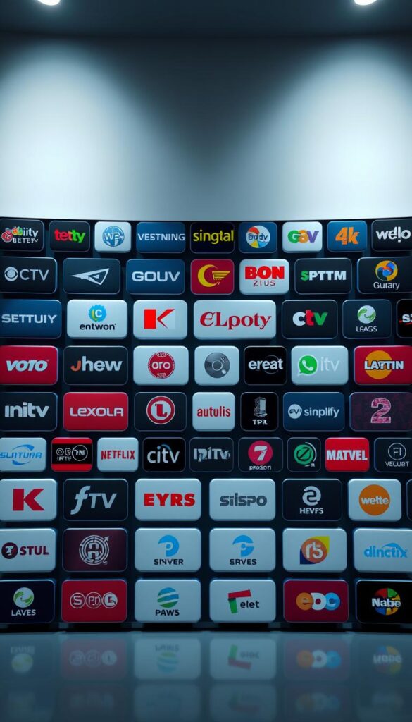 A stunning image of the extensive IPTV channel offering from IPTVANBIETERTV. The scene depicts a meticulously arranged grid of IPTV channel logos, each one distinct and vibrant, showcasing the breadth of content available. The logos are rendered with a crisp, high-definition quality, against a sleek, minimalist background that allows them to take center stage. Subtle shadows and carefully placed highlights add depth and dimension, creating a sense of three-dimensionality. The overall composition is balanced and visually appealing, conveying the idea of a comprehensive, cutting-edge IPTV service. The lighting is soft and diffused, lending a professional, polished feel to the image. The camera angle is slightly elevated, providing an overview of the channel selection, emphasizing the sheer volume and variety of content on offer.