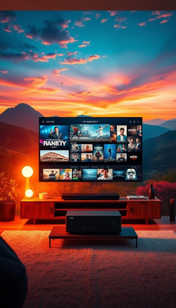 A stunning landscape showcasing the expansive programming offered by IPTVANBIETERTV. Set against a vibrant, cinematic backdrop, the scene depicts a modern living room with a large, high-definition television at the center. The television displays a diverse array of content, from live news broadcasts to thrilling sports events and captivating movies. The room is bathed in warm, soft lighting, creating a cozy and inviting atmosphere. In the foreground, a sleek, minimalist entertainment system sits neatly on a stylish, wooden media console, hinting at the seamless integration of IPTVANBIETERTV's services across multiple devices. The overall composition conveys a sense of quality, reliability, and the vast entertainment possibilities available to the viewer.