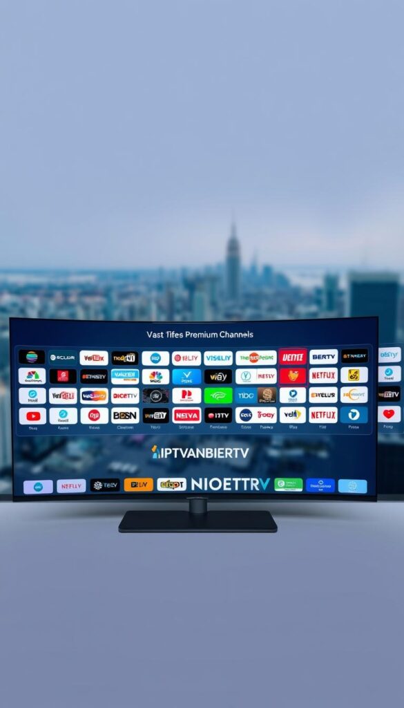 A stunning panoramic view of a modern IPTV service, showcasing an expansive array of premium channels. In the foreground, a sleek and intuitive user interface displays the IPTVANBIETERTV brand, inviting viewers to explore a vast library of high-quality content. The middle ground features a diverse selection of channel logos, representing the breadth of entertainment options available, from live news and sports to the latest blockbuster movies and binge-worthy series. In the background, a softly blurred cityscape sets the scene, suggesting the global reach and accessibility of this IPTV service. The overall composition conveys a sense of sophistication, convenience, and the promise of endless entertainment at the user's fingertips.