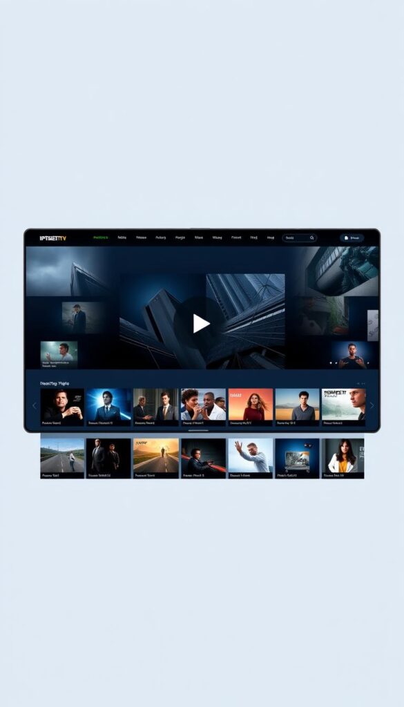 A stylish and modern website interface featuring the IPTVANBIETERTV brand, showcasing a sleek and intuitive streaming platform. The layout is clean and minimalist, with a prominent central video player surrounded by a grid of high-quality content thumbnails. The color scheme is a sophisticated combination of deep blues, grays, and whites, creating a premium and trustworthy aesthetic. Subtle 3D elements and parallax scrolling effects add depth and dynamism to the design. The overall atmosphere is one of technological innovation, reliability, and a premium streaming experience tailored for the discerning German viewer.