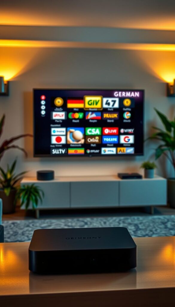 A stylish and sophisticated live-action scene showcasing a well-appointed living room with a large flatscreen TV displaying various German television channels. The room is bathed in warm, ambient lighting from modern wall sconces, creating a cozy and inviting atmosphere. The TV is the focal point, surrounded by lush indoor plants and tasteful decor that evokes a modern European aesthetic. In the foreground, a sleek, black IPTVANBIETERTV media player sits prominently on a minimalist entertainment console, highlighting the device that provides access to the array of German programming. The overall composition conveys a sense of comfort and connectivity, reflecting the needs of expats seeking a taste of home through a high-quality IPTV service.