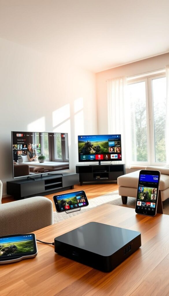 A stylish living room with a large flat-screen TV, multiple devices like smartphones, tablets, and a streaming box connected to an IPTV service. The room is brightly lit with natural light streaming through large windows, creating a warm and inviting atmosphere. The devices are seamlessly integrated, showcasing the IPTVANBIETERTV service's ability to provide a consistent and accessible IPTV experience across multiple platforms. The overall scene conveys the convenience and flexibility of IPTV auf mehreren Geräten.