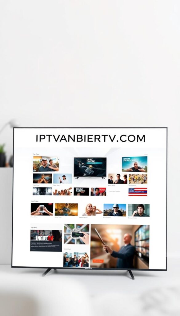A stylish, modern website design with the brand name "IPTVANBIETERTV.COM" prominently displayed in the center. The website features a clean, minimalist layout with large, high-quality images showcasing various IPTV services and offerings. The overall aesthetic is sleek and professional, conveying a sense of reliability and trustworthiness. The background is a soft, muted tone, allowing the website content to take center stage. Subtle lighting effects and depth of field create a visually appealing and cohesive composition. The image captures the essence of a leading IPTV provider in Germany, ready to deliver a seamless and satisfying user experience.