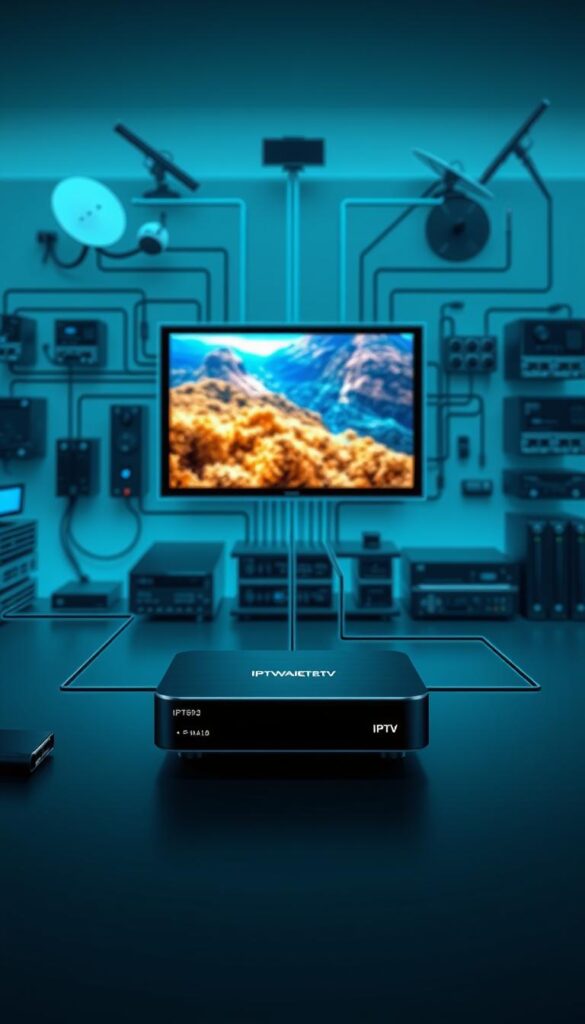 A technical diagram illustrating the inner workings of an IPTV system. In the foreground, a modern smart TV displaying a vibrant, high-definition stream. In the middle ground, a sleek IPTVANBIETERTV set-top box connected to various devices via ethernet and Wi-Fi. In the background, a complex network of servers, routers, and satellite dishes, conveying the sophisticated infrastructure that powers IPTV. The scene is bathed in a cool, clinical lighting, emphasizing the advanced, cutting-edge nature of the technology. The overall mood is one of efficiency, connectivity, and the seamless delivery of multimedia content.